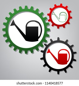 Watering sign. Vector. Three connected gears with icons at grayish background.