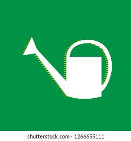 Watering sign. Vector. White flat icon with yellow striped shadow at green background.