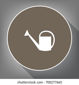 Watering sign. Vector. White icon on brown circle with white contour and long shadow at gray background. Like top view on postament.