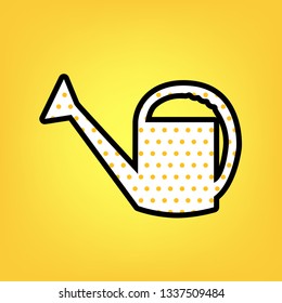 Watering sign. Vector. Yellow polka dot white icon with black contour at warm yellow background.