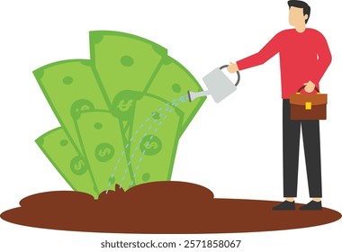 Watering the soil to make the money plant grow, Vector illustration in flat style

