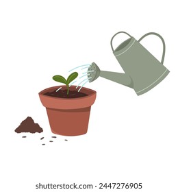 Watering a sprout in a pot, seedling vector illustration, spring planting.