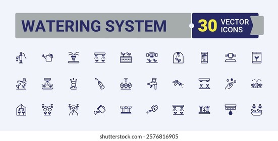 Watering System lined icons set. Featuring farm, grow, drop, drip, farmer, hose, pipes, field. Simple icon designs. Solid line editable vector illustration.