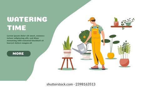 Afiche sobre el tiempo. Un hombre con agua puede acercarse a macetas de flores con plantas. Jardinería y horticultura, botánica. Confort y comodidad. Diseño de página de inicio. Dibujo vectorial plano de dibujos animados
