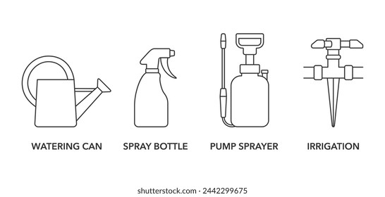 Watering tools icons set - Can, Spray bottle, Pump sprayer and Irrigation system. Pictograms in thin line for labeling of gardening fertilizer or equipment