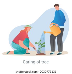 Concepto de árbol de riego. Hombre y mujer cuidan de una planta pequeña. Voluntarios con latas de riego y herramientas de jardín. Mejora de las condiciones ambientales. Dibujo vectorial plano de dibujos animados sobre fondo blanco