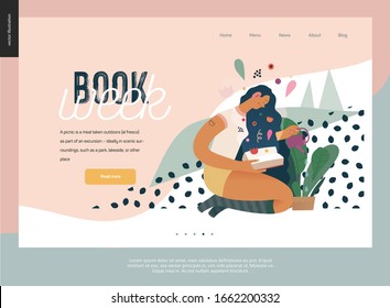 Watering web design template -World Book Day graphics -book week events. Modern flat vector concept illustrations of reading people -a brunette girl with watering a plant in the pot, reading a book