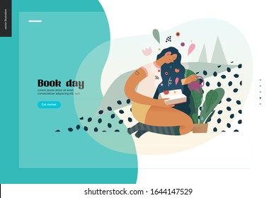 Watering webdesign template -World Book Day graphics -book week events. Modern flat vector concept illustrations of reading people -a brunette girl with watering a plant in the pot, reading a book