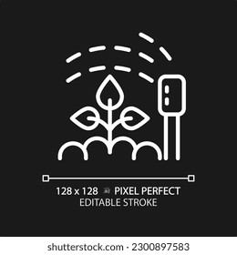 Watering white linear icon for dark theme. Smart irrigation. Sprinkler system. Garden device. Soil moisture. Growing plants. Thin line illustration. Isolated symbol for night mode. Editable stroke