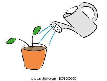 Watering-can watering plant on a table hand drawn illustration