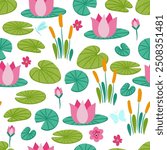 Waterlilies and LilyPads Vector Seamless Pattern