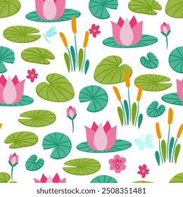 Waterlilies and LilyPads Vector Seamless Pattern