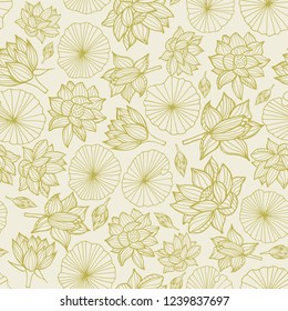 Waterlilies or lotus flowers and leaves seamless pattern background texture in a monochrome lineart style. Vector.. Ideal for home decor, fabric, paper goods, packaging.