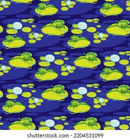 Waterlily And Frog Vector Seamless Pattern