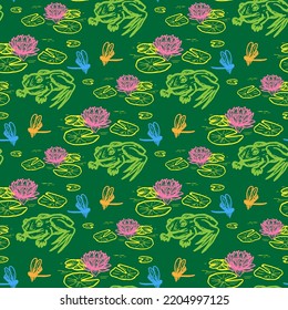 Waterlily And Frog Vector Seamless Pattern