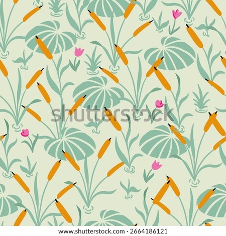 Waterlily Pond and Plants Vector Seamless Pattern