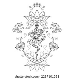 Waterlily and snake hand drawn for adult coloring book