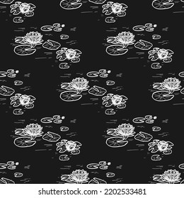 Waterlily vector seamless pattern on black background