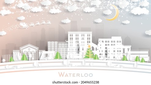Waterloo Iowa City Skyline in Paper Cut Style with Snowflakes, Moon and Neon Garland. Vector Illustration. Christmas and New Year Concept. Santa Claus on Sleigh. Waterloo Cityscape Landmarks.