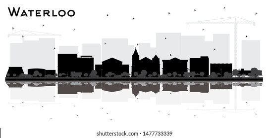 Waterloo Iowa City Skyline Silhouette with Black Buildings and Reflections Isolated on White. Vector Illustration. Business Travel and Tourism Concept. Waterloo Cityscape with Landmarks.