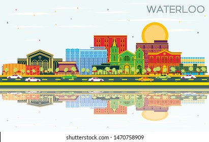 Waterloo Iowa Skyline with Color Buildings, Blue Sky and Reflections. Vector Illustration. Business Travel and Tourism Illustration with Historic Architecture. Waterloo Cityscape with Landmarks.
