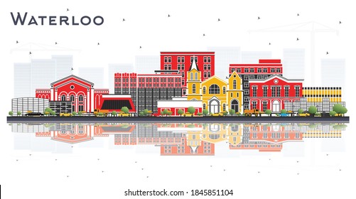 Wasserloo Iowa Skyline mit Farbbauten und Reflektionen einzeln auf Weiß. Vektorgrafik. Illustration für Geschäftsreisen und Tourismus mit historischer Architektur.