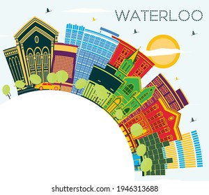 Waterloo Iowa Skyline com edifícios coloridos, céu azul e espaço de cópia. Ilustração de vetor. Ilustração de viagens de negócios e turismo com arquitetura histórica. Waterloo Cityscape com pontos de referência.