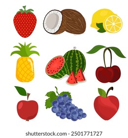 Watermello grap Coconut Strawberry apple strawberry chery icon set fruits vector illustration design isolated