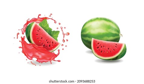 Watermelon 3d realistic , fruit in watermelon transparent red juice splash vector