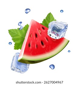 Watermelon 3d realistic triangle slice with ice cubes.. Refreshment freeze fruit summer dessert, watermelon drink, smoothie illustration