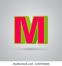 Watermelon 3D vector letter M uppercase. Red font with glossy green border and light reflection isolated on white background