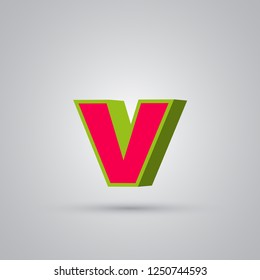 Watermelon 3D vector letter V lowercase. Red font with glossy green border and light reflection isolated on white background