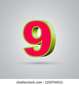 Watermelon 3D vector number 9. Red font with glossy green border and light reflection isolated on white background