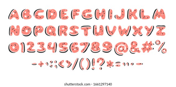 Wassermelone ABC. Cartoon Vektorillustration Illustration Früchte Schriftart. Handgezeichnetes vegetarisches Essen. Actual Creative Vegan Kunstwerk. Wassermelone ABC