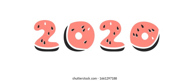 Watermelon ABC. Fuente de ilustraciones vectoriales de dibujos animados. Dibujo manual de comida vegetariana. Obra de arte creativa vegan. Watermelon ABC y Word 2020