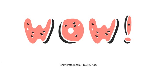 Watermelon ABC. Cartoon vector illustration fruits font. Hand drawn drawing vegetarian food. Actual Creative Vegan art work. Watermelon ABC and word WOW!