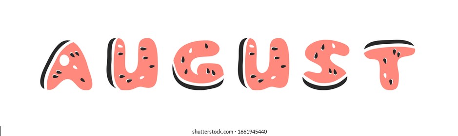 Wassermelone ABC. Cartoon Vektorillustration Illustration Früchte Schriftart. Handgezeichnetes vegetarisches Essen. Actual Creative Vegan Kunstwerk. Wassermelone ABC und Wort AUGUST