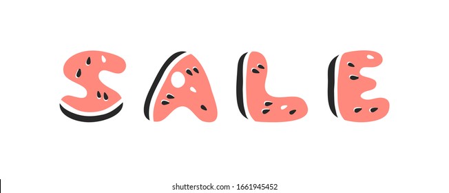 Watermelon ABC. Cartoon vector illustration fruits font. Hand drawn drawing vegetarian food. Actual Creative Vegan art work. Watermelon ABC and word SALE