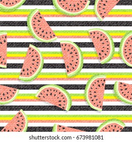 Watermelon abstract background. Pattern of juicy slices of watermelon and horizontal stripes. With texture of denim fabric, material. Concept of Hello Summer. Fruit background, vector illustration