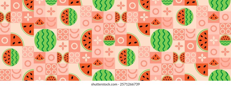 Watermelon abstract geometric pattern in bauhaus and minimalism style. Natural organic shapes of plants and berries, eco-farming. Designer fabric, card, wrapping paper, cover.