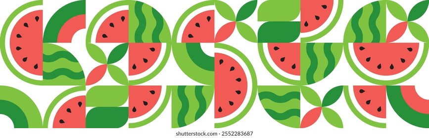 Wassermelone. Abstraktes geometrisches nahtloses Muster. Früchte und Scheiben.Satz von Symbolen im einfachen flachen Stil.Elemente einzeln auf weißem Hintergrund. Bio-Lebensmittel.Vektorgrafik.