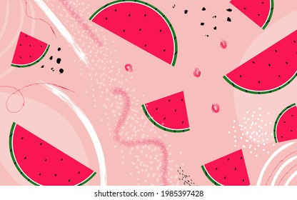 Watermelon abstract hand drawing pink background. Banner for a bar, cocktail, milk shake poster. Illustration of a drink for menu or packaging design