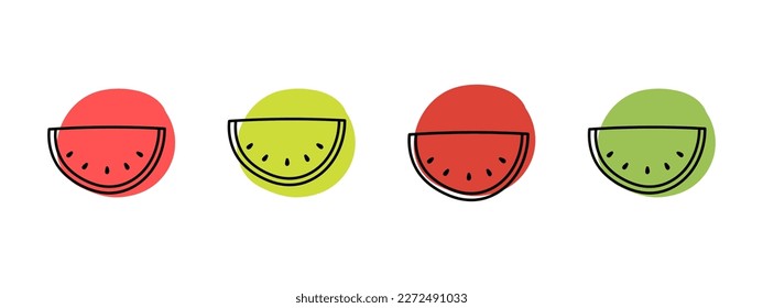 Watermelon abstract icon set. Black lines with red and green spots in a hand-drawn style. Vector illustration