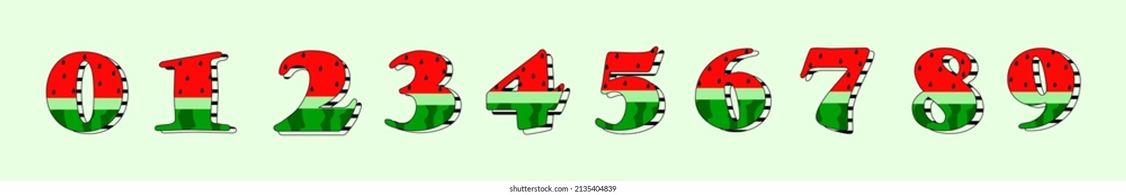 Watermelon alphabet highlighted on light green background. Set of digits "Watermelon" red-green. The figure is dotted with black dots representing watermelon seeds. Vector illustration