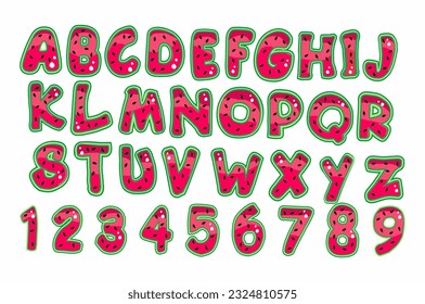 Watermelon alphabet. Watermelon summer font. Cartoon alphabet. Vector illustration