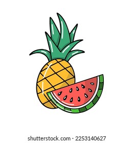 Watermelon ananas pineapple icon vector sketch illustration artwork design beach party fresh fruits isolated on white background