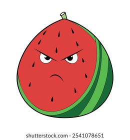 A watermelon with an angry face, Character vector illustration, reaction, expression of Watermelon, cartoon, nature, furit