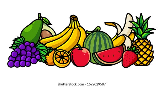 watermelon apple grapes banana pineapple orange avocado fruits vector illustration collection