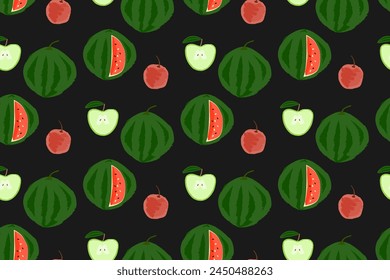 watermelon and apples seamless pattern, sliced and whole fruit print, black background