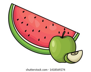 Watermelon and apples sliced cartoon vector illustration graphic design
